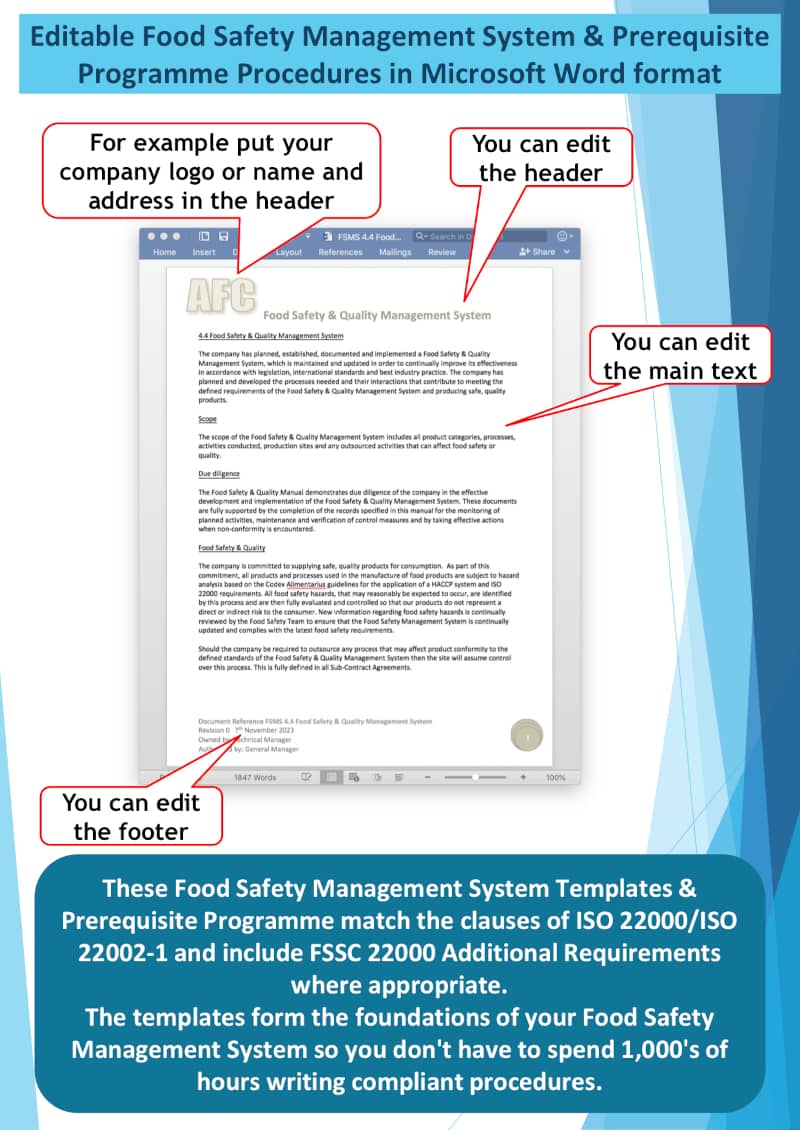 Editable Food Safety Management System & Prerequisite Programme Procedures in Microsoft Word format